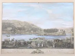 Jacques Philippe Le bas, Seconde Vue de l'Isle Barbe au milieu de la Saône, au dessus de Lyon, represéntant l'aprè midi d'une Fête, Color engraving