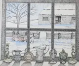 Blake Clark, WINTRY LANDSCAPE THROUGH WINDOW, pen and ink, WINTRY LANDSCAPE THROUGH WINDOW, pen and ink.