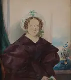 Lady with Bonnet and Green Book by English School, LADY WITH BONNET AND GREEN BOOK, watercolor, sold Dec 2008