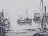 Shull Aggee, Fishing Boats in Harbor, Pen and ink drawing.