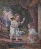 American Primitive School, Children Playing, CHILDREN PLAYING, oil on canvas