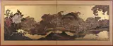 Anonymous, Two shi shi amongst clouds and flowers, Ink and color on gold leaf ground two fold screen - Each panel: 30 1/2 in. x 35 3/4 in PROVENANCE: J