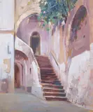 Stairway Leading to Arched Door by French School, STAIRWAY LEADING TO ARCHED DOOR, oil on board, offered Feb 2009
