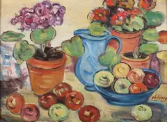 Louise Sounitza, Still Life with Fruit, Oil on canvas board