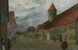 Village Scene with Storm Clouds Approaching by Continental School, VILLAGE SCENE WITH STORM CLOUDS APPROACHING, oil on canvas, sold Feb 2009