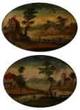 River Views with Men Fishing: a Pair of Paintings by Continental School, Oil on tin - One, sold Feb 2009