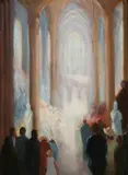 Walter Affroville Lewino, Cathedral Interior with Worshippers, Oil on canvas board