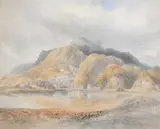 Village Nestled in Mountains at Riverside by Continental School, VILLAGE NESTLED IN MOUNTAINS AT RIVERSIDE, watercolor on paper, offered Feb 2009