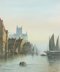 J. Raup, Barrel and Ships in Channel, Watercolor on paper