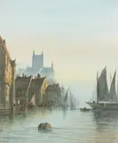 J. Raup, Barrel and Ships in Channel, Watercolor on paper