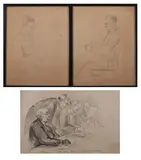E. Requin, TWO VIEWS OF PRESIDENT WOODROW WILSON (framed as one) and CONFERENCE PLEINIERE: THREE WORKS, first two signed in pencil, First two pencil on paper, third ink on paper