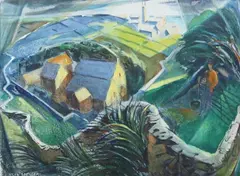 Niles Spencer, Landscape with Farm and Figure at Fence, Watercolor and gouache on paper