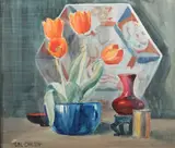 Emil Carlsen, Still Life with Asian Charger and Tulips, Watercolor on paper
