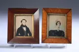 MAN IN A PATTERNED WAISTCOAT and LADY IN LACE CAP: PAIR OF MINIATURES, the former signed indistinctly by English School, Watercolor on paper, sold Feb 2009