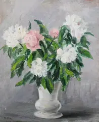 T. Gray, Peonies in Vase, Oil on canvas