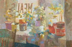 John W. Bashor, Window Front Still Life, Acrylic on board