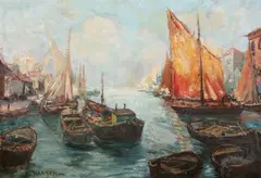 A. Hansen, Fishing Boats, Oil on canvas