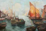 A. Hansen, Fishing Boats, Oil on canvas
