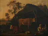 Farmyard with Milkmaid by Nicolaes Pieterszoon Berchem, Oil on panel, sold Feb 2009