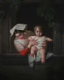 Guiseppe Mazzolini, Mother and Child by the Window, MOTHER AND CHILD BY THE WINDOW, oil on canvas