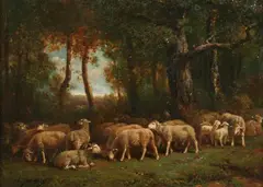Charles Jacques, Sheep Grazing in a Clearing, Oil on panel