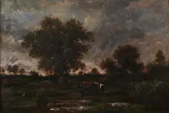 Théodore Rousseau, Pastoral Landscape with Cattle, PASTORAL LANDSCAPE WITH CATTLE, signed lower right.Oil on canvas laid on board