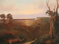 Walter Wallor Caffyn, The Mountain Pass at Sunset, Oil on canvas laid on masonite