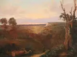 Walter Wallor Caffyn, The Mountain Pass at Sunset, Oil on canvas laid on masonite