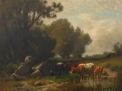 William Hart, Summer Landscape with Stream and Cattle, Oil on board