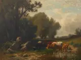 William Hart, Summer Landscape with Stream and Cattle, Oil on board