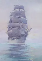 K.E. Hunter, Clipper Ship at Dawn, Watercolor on paper