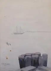 Robert Bruce Rogers, Ship in the Harbor, Watercolor on paper