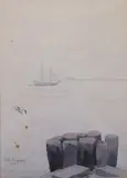 Robert Bruce Rogers, Ship in the Harbor, Watercolor on paper