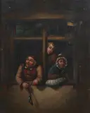 Three Figures Peering Out a Window by Continental School, THREE FIGURES PEERING OUT A WINDOW, oil on copper, sold Apr 2009