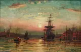 D.M. Lea, Harbor Scene at Sunset, Oil on panel