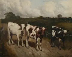 G. Davis, Cows on Path in Meadow, Oil on canvas