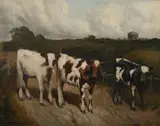 G. Davis, Cows on Path in Meadow, Oil on canvas