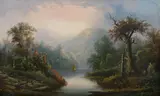 River Landscape by American School, RIVER LANDSCAPE, oil on canvas, sold Apr 2009