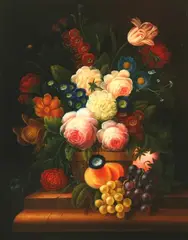 Lauren Becker, Still Life of Mixed Flowers and Fruit, Oil on panel