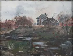 S.N. Tompkins, Dwelling and Barn in Landscape, Oil on cardboard