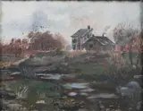S.N. Tompkins, Dwelling and Barn in Landscape, Oil on cardboard