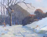 F.A. Osuch, Snowy Landscape at Dusk, Oil on masonite