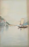Italian School, Mountainous Lake with Sailboat, Watercolor on paper