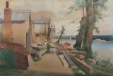 De Lancey Gill, Boat Building Along the Potomac River, Watercolor on paper