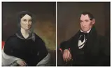 Pair of Portraits of Victorian Lady with Bonnet and a Gentleman Holding Spectacles by American School, PAIR OF PORTRAITS OF VICTORIAN LADY WITH BONNET AND A GENTLEMAN HOLDING SPECTACLES, oil on canvas, sold Apr 2009