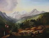 Travelers with Horses on Mountain Road by American School, TRAVELERS WITH HORSES ON MOUNTAIN ROAD, oil on canvas, offered Apr 2009