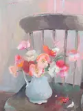 Sarah Marimda Baker, Pink Flowers in Vase on Chair, Oil on canvas