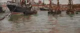 Guglielmo Ciardi, Sailboats at Port, Oil on panel