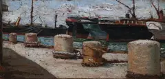 Mario Puccini, Ships at Dock, Oil on panel