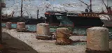 Mario Puccini, Ships at Dock, Oil on panel